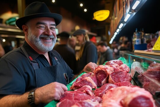 A butcherâ€™s shop with locally sourced meat, with the butcher cheerfully chatting with customers