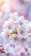 Obraz premium Delicate cherry blossoms, soft pastel background, macro photography, ethereal light, dreamy atmosphere, springtime bloom, gentle bokeh effect, pale pink petals, white flowers, natural beauty, shallow 
