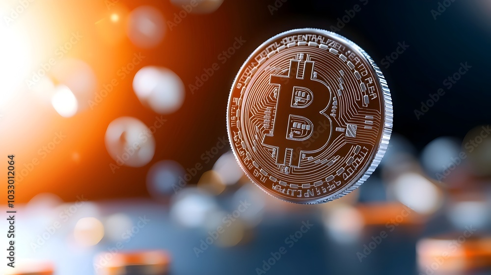 Poster blockchain technology driving the digital currency revolution with floating digital coins above a fu