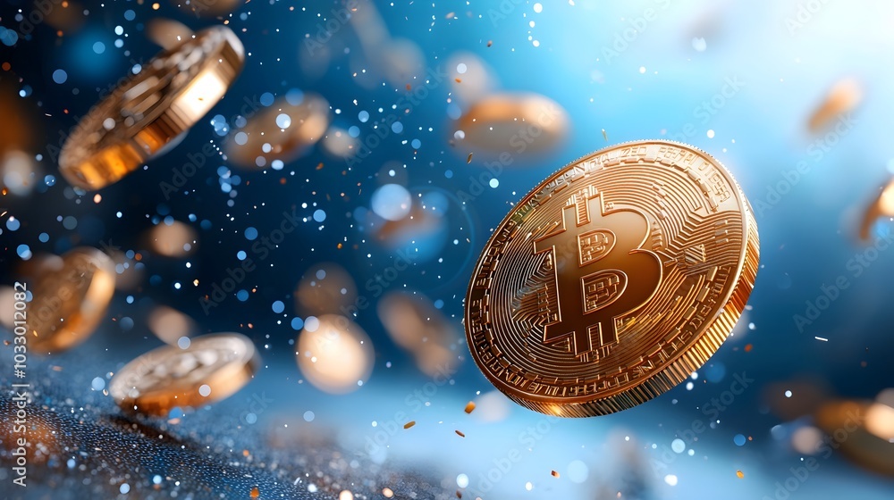 Poster floating digital coins above a blockchain technology background showcasing the innovative and decent