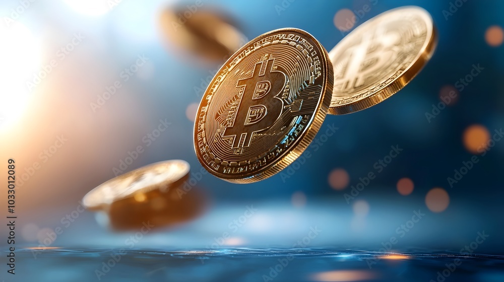 Poster floating digital coins above blockchain technology background with 3d for financial and digital econ