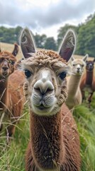 Obraz premium Curious alpaca in a field on a sunny day
