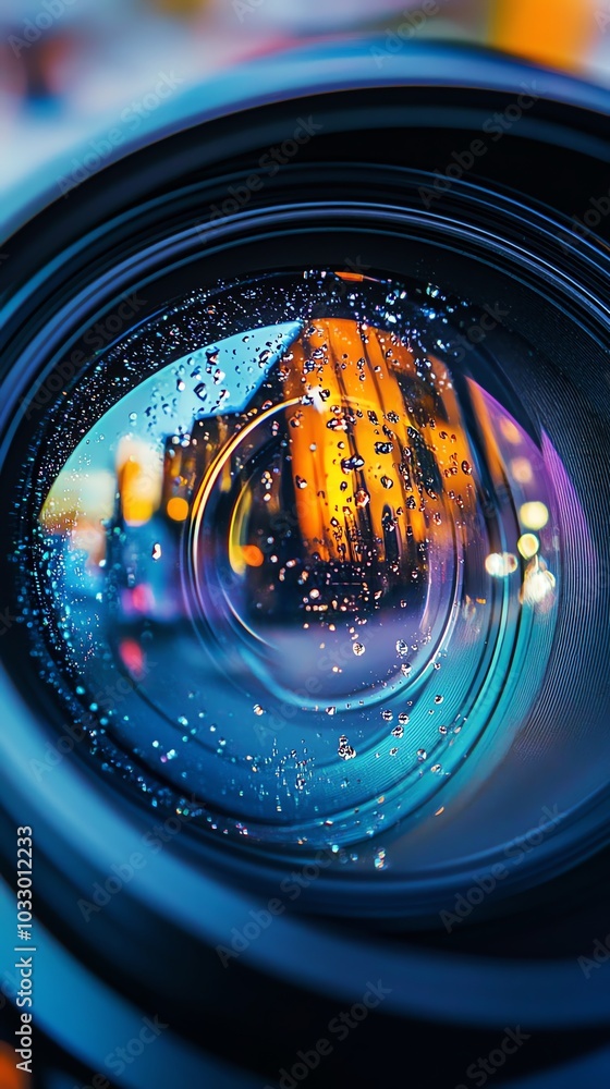 Poster close-up of a camera lens with raindrops and a blurred cityscape reflection.