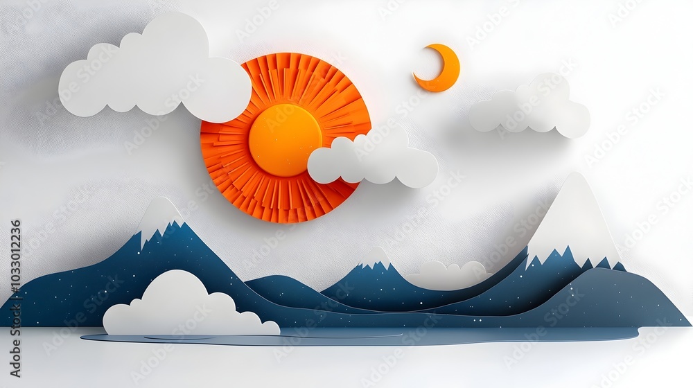 Poster layered abstract paper cut sun and moon design with bold celestial shapes geometric patterns and min