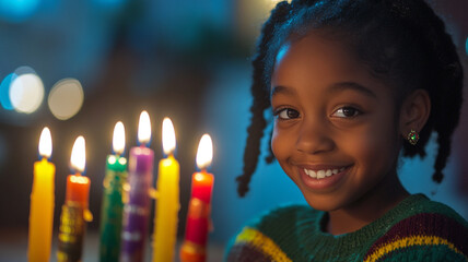 A young girl smiles brightly while celebrating Kwanzaa with colorful candles glowing warmly