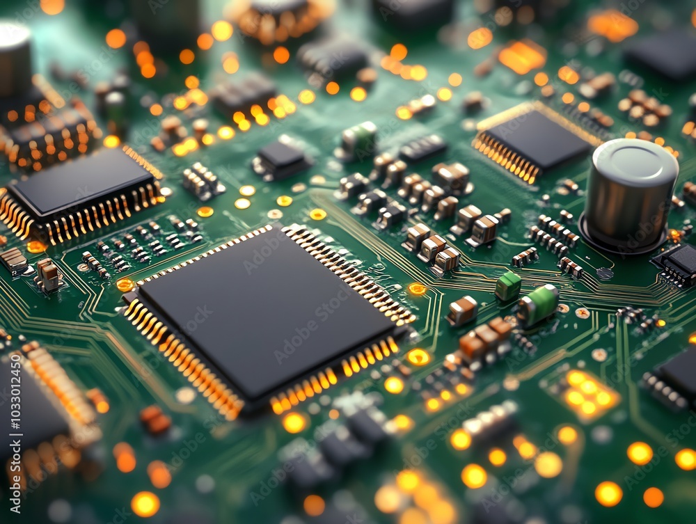 Aufkleber Close-up of a green circuit board with a large processor chip and various electronic components, illuminated by warm yellow lights.