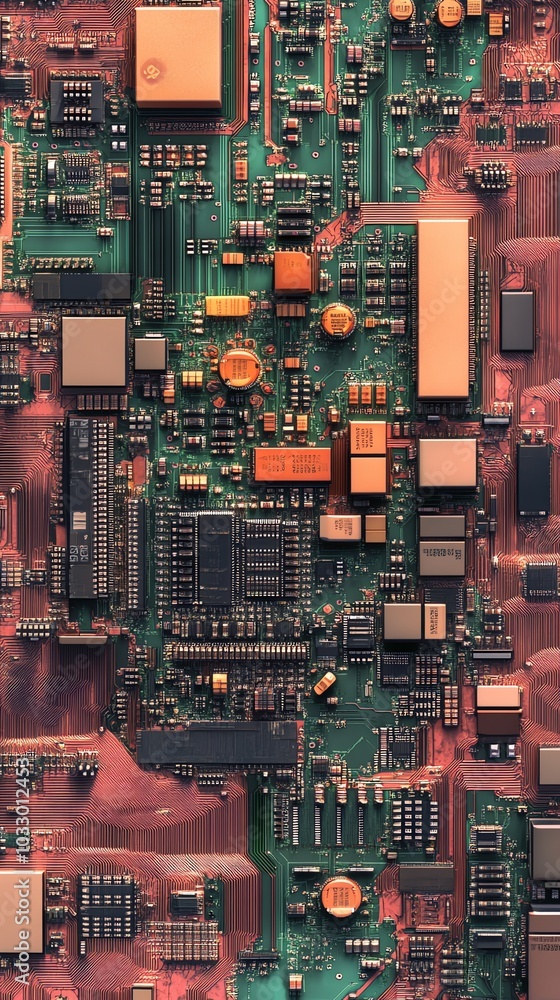 Poster a close-up of a circuit board with various components and wiring, in a vibrant green and brown color