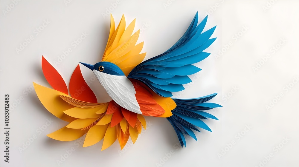 Poster striking paper cut abstract bird in flight with bold layered colors and angular geometric wings dyna