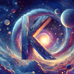 우주 배경, 알파벳 대문자 "K", 애니메이션 아트 (space background, Alphabet capital "K", animation art)