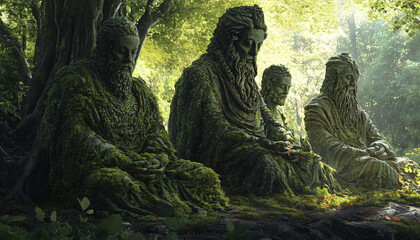 A tranquil forest where towering feathers as tall as trees sway gently in the breeze