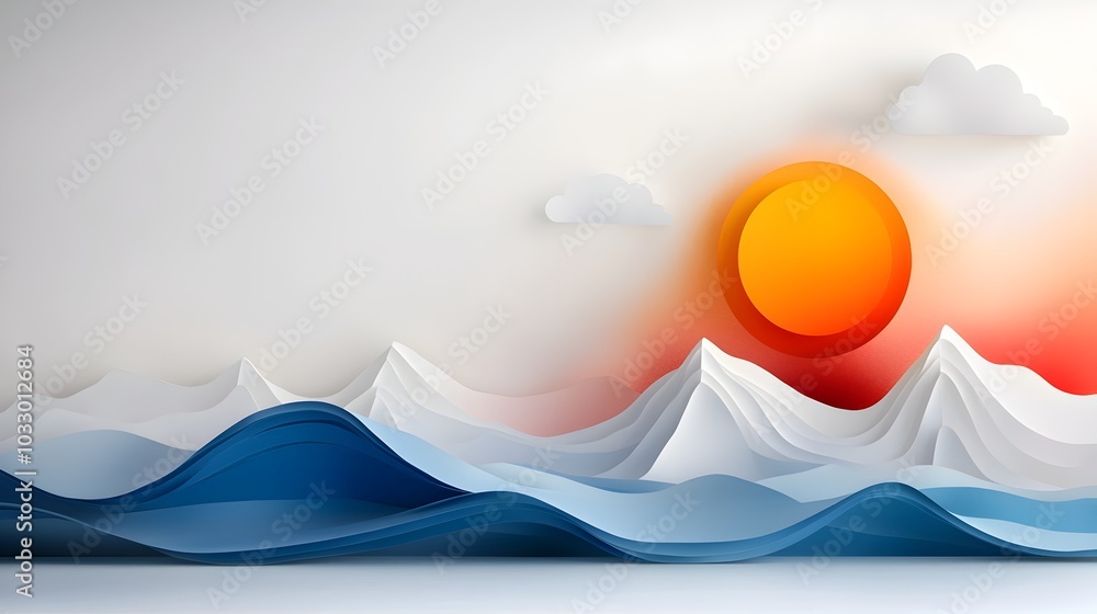 Poster elegant and minimalist paper cut abstract art depicting waves with sharp curves layered colors and a