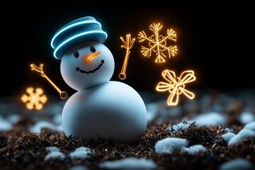 Obraz premium A futuristic snowman levitating above the ground, surrounded by neon snowflakes