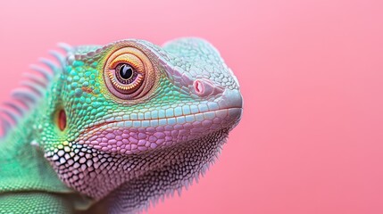 Fototapeta premium A captivating portrait of a lizard, its vibrant green and blue scales glistening against a soft pink backdrop, offers a stunning glimpse into nature's artistry.