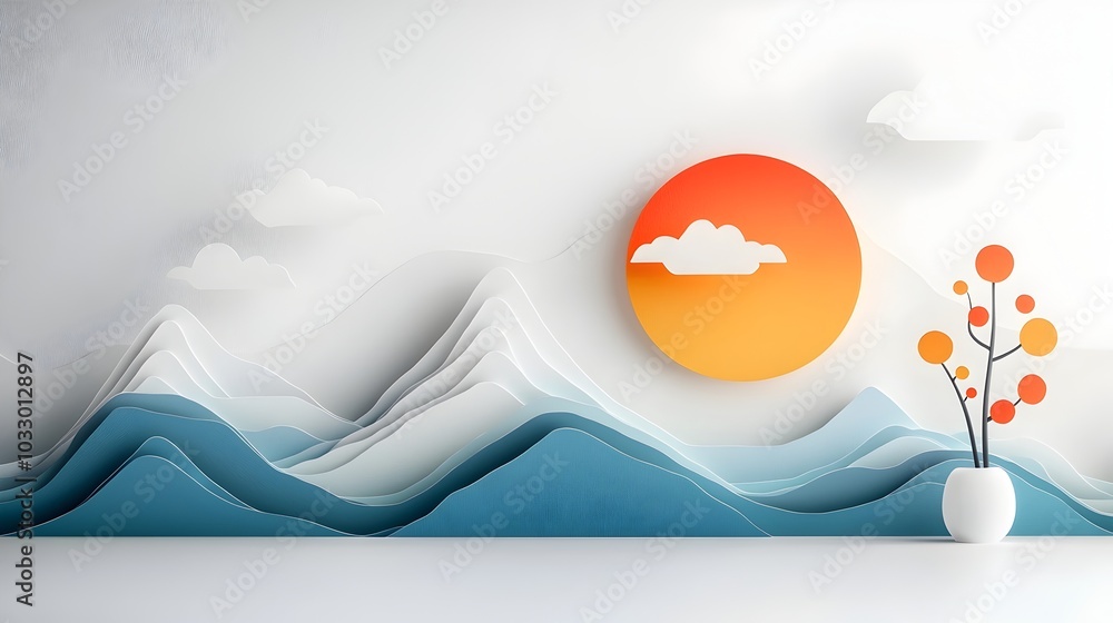 Poster minimalist paper cut abstract mountain landscape with bold peaks and irregular layers creating a str