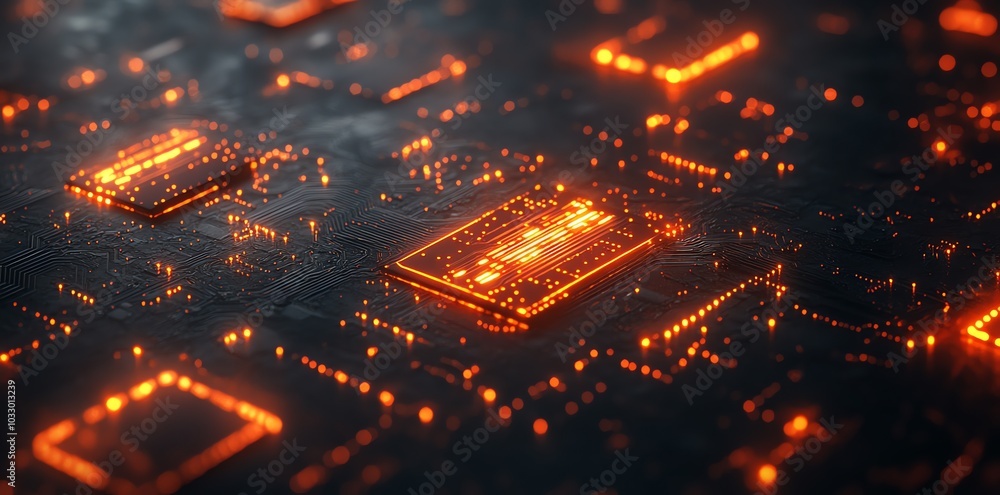 Poster close-up of a glowing circuit board with intricate circuitry.