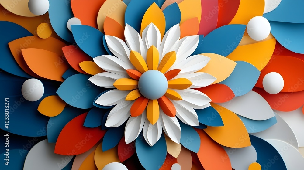 Poster vibrant multicolored layered abstract mandala with intricate patterns and contrasting shapes captiva