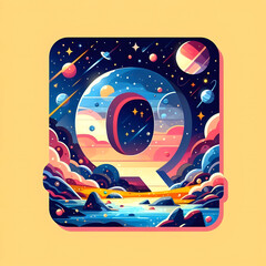 우주 배경, 알파벳 대문자 "Q", 애니메이션 아트 (space background, Alphabet capital "Q", animation art)