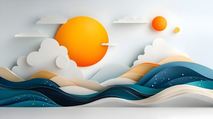 Layered paper cut abstract waves with sharp angular shapes creating a dynamic and captivating ocean scene  This digital features a modern minimalist design with a serene and ethereal feel