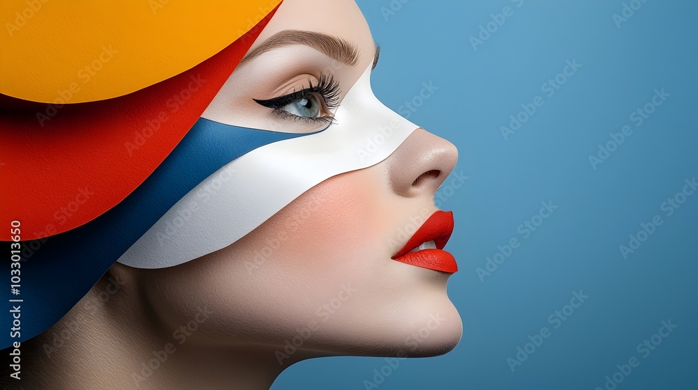 Poster captivating abstract paper cut face with striking geometric shapes and contrasting colors minimalist