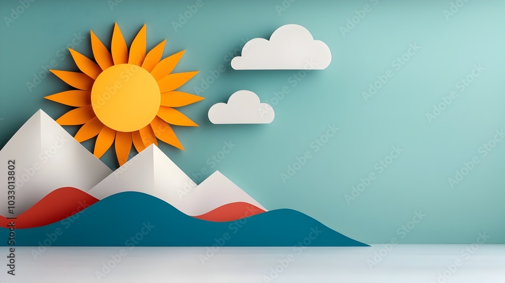 Poster vibrant abstract sun with irregularly cut paper textured rays in layered multicolored design for cre