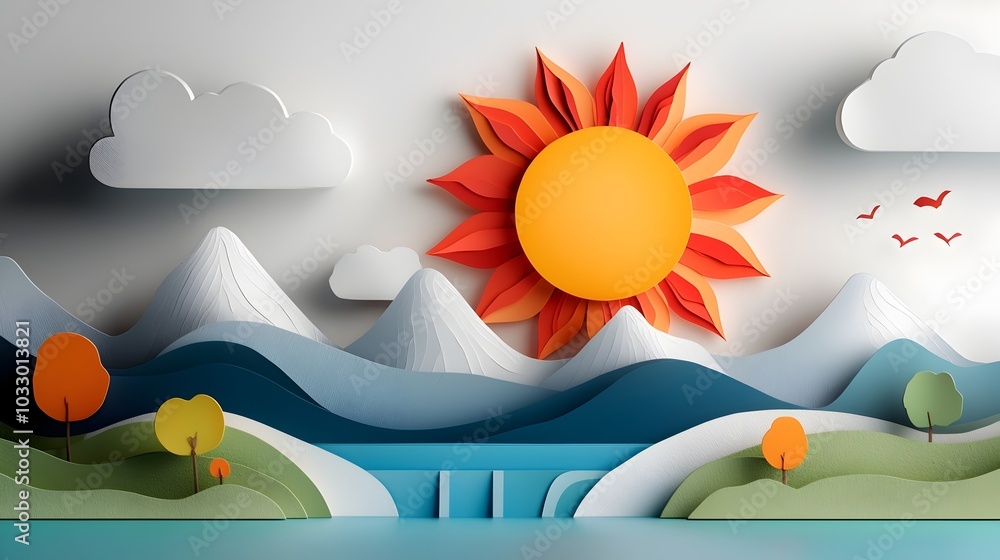 Poster captivating paper cut abstract design featuring a vibrant sun shape with irregular rays and layered 
