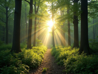 Obraz premium Serene Sunlit Forest with Lush Green Undergrowth Peaceful Woodland Landscape