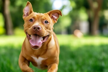 A playful Pitbull running through a park, tongue out and ears flapping in excitement