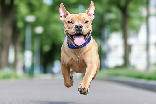 A playful Pitbull running through a park, tongue out and ears flapping in excitement