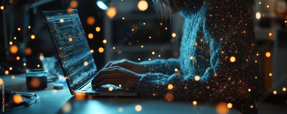 Poster coding in cozy ambiance: nighttime programming with sparkling lights and warm atmosphere