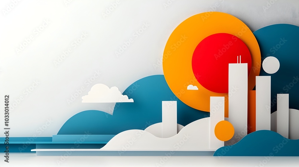 Poster deconstructed fragmented paper cut cityscape with abstract geometric shapes and textures for contemp