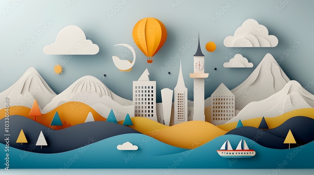 Aufkleber deconstructed geometric cityscape abstract with fragmented paper cut shapes and architectural struct