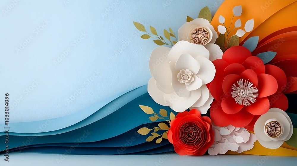 Aufkleber exaggerated layered paper cut abstract floral shapes with bold geometric patterns and vibrant colors