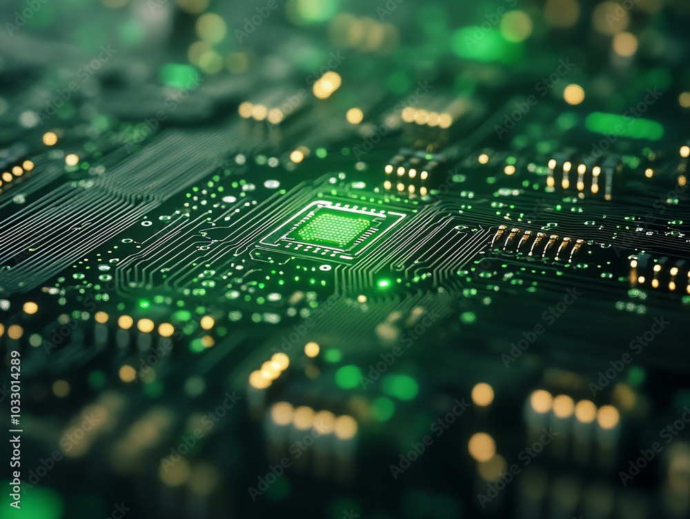 Poster close-up of a green circuit board with a glowing processor in the center.