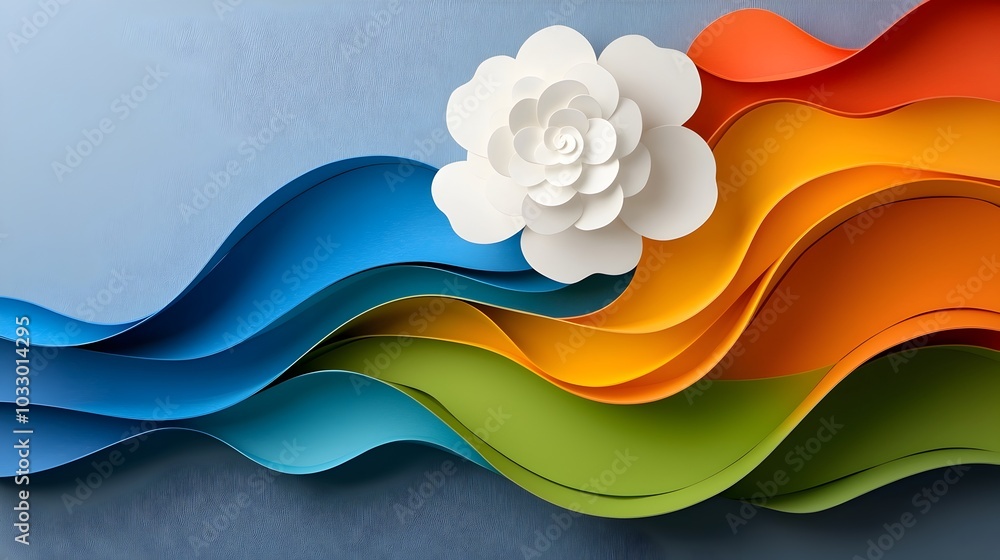 Poster vibrant abstract paper cut waves with flowing curves and overlapping layers in a fluid art backgroun