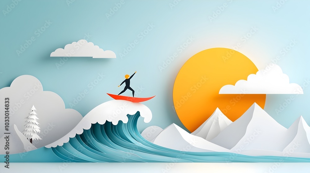 Poster striking abstract paper cut surfer design riding dynamic layered ocean waves with bold textures perf