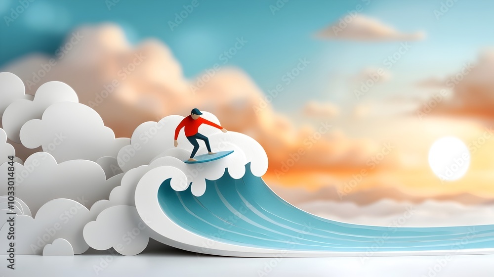 Poster abstract paper cut surfer riding a dynamic wave with bold layered ocean textures and colors creating