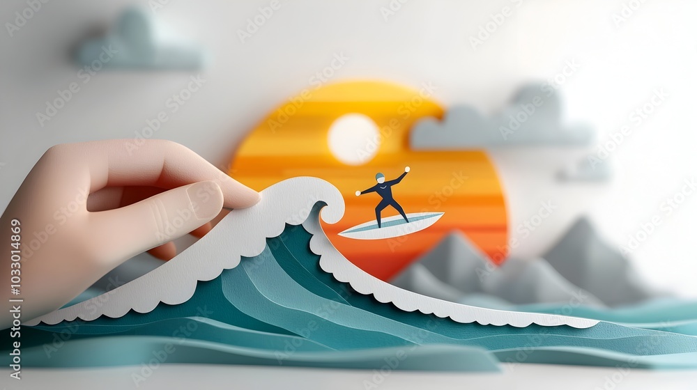 Poster abstract paper cut surfer riding a bold layered ocean wave with dynamic textures and patterns for ou
