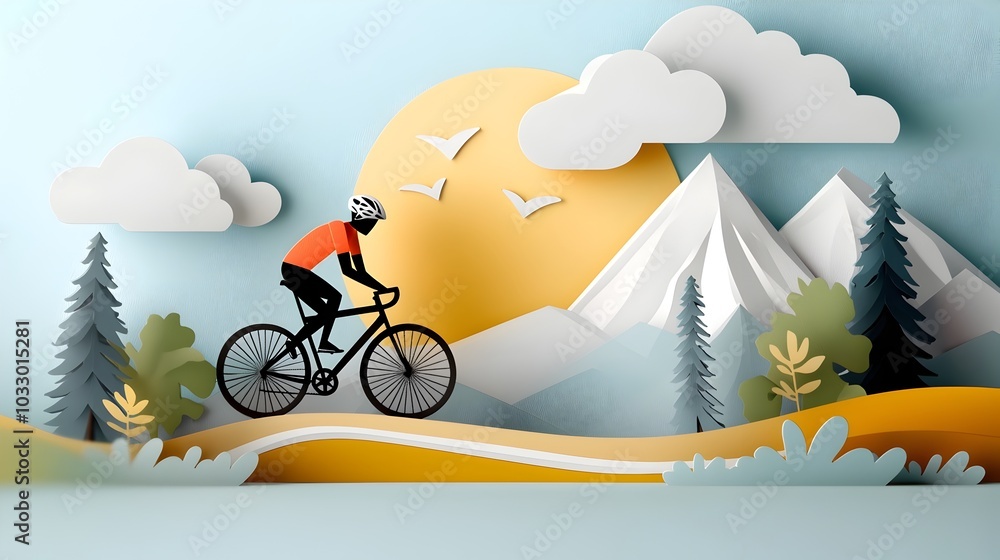 Poster abstract paper cut cyclist riding through a dynamic forest trail with layered geometric elements and