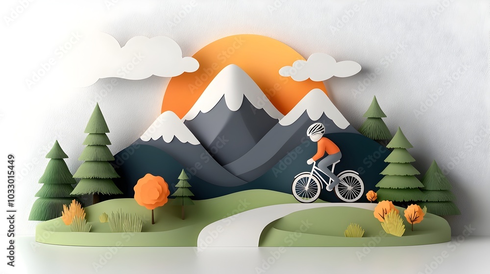 Poster abstract paper cut of a cyclist navigating a vibrant layered forest trail with dynamic geometric sha
