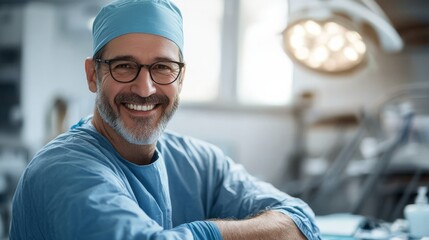 Smiling surgeon in operating room - medical professional portrait with positive energy for healthcare design
