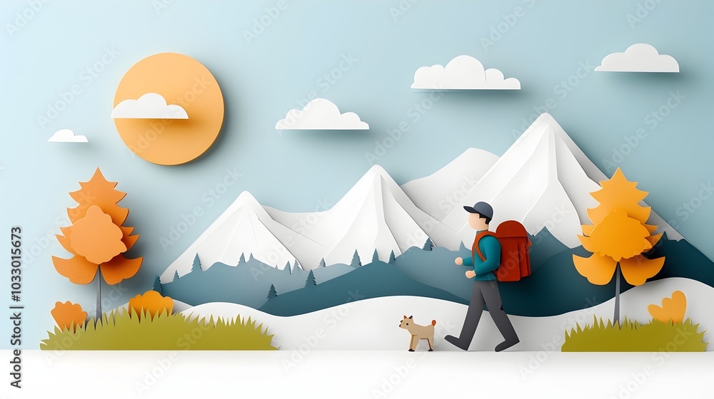 Poster layered paper cut of hikers trekking through a bold geometric mountain landscape with abstract shape