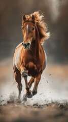 Fototapeta premium Horse running swiftly through dust cloud