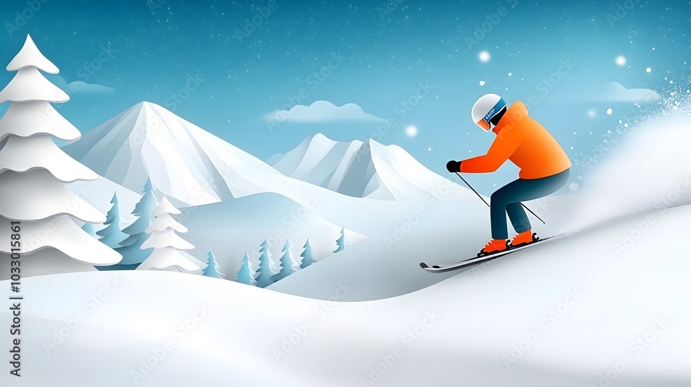 Aufkleber dynamic abstract paper cut skier in motion with sharp layered geometric shapes and angles for winter