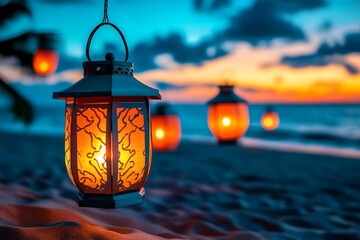 Chinese lanterns glowing with vibrant vermillion light, swaying gently under twilight skies