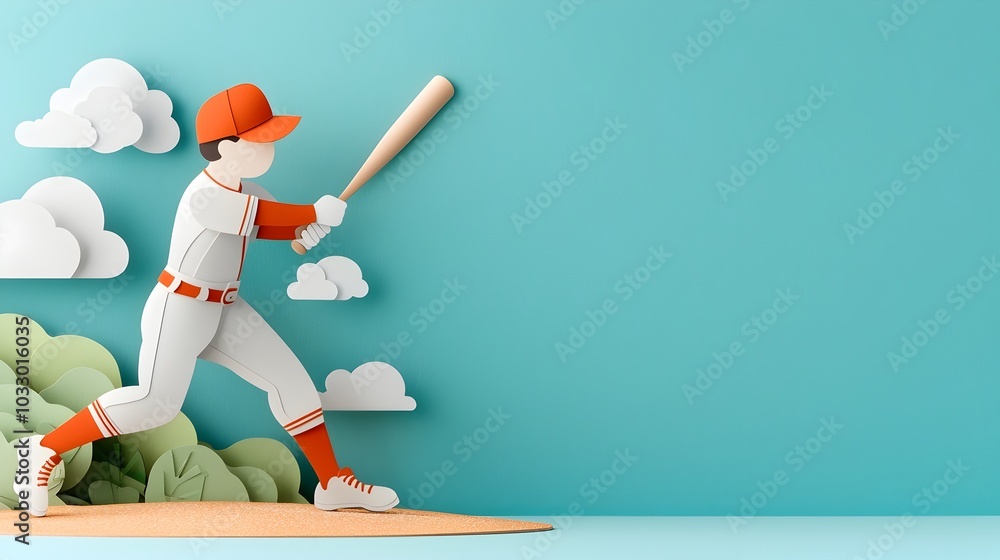 Poster rendering of a dynamic baseball player swinging with dramatic motion lines in an abstract layered pa