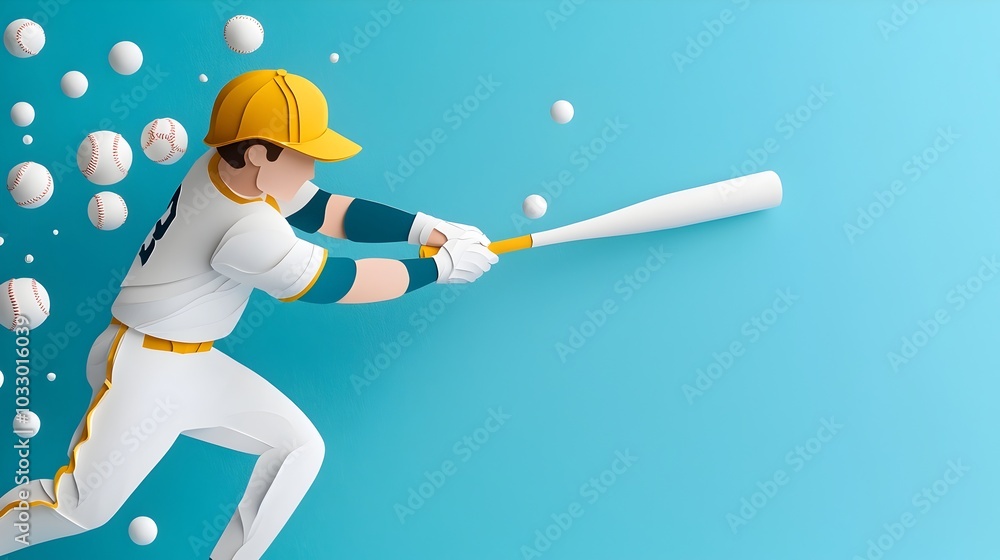 Poster dynamic and captivating abstract layered paper cut baseball player swinging with striking motion lin