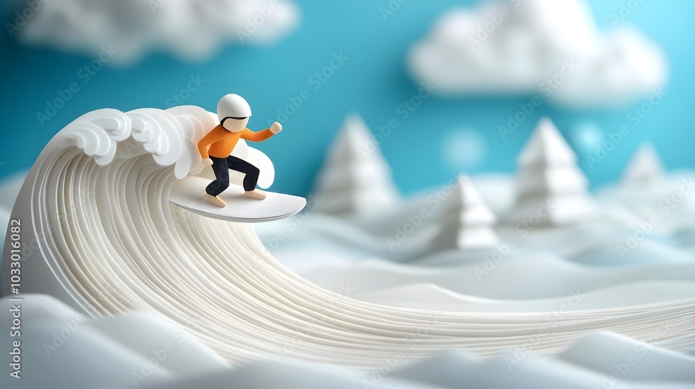 Poster vibrant and dynamic paper cut surfer riding a flowing layered wave with intricate details and an sty