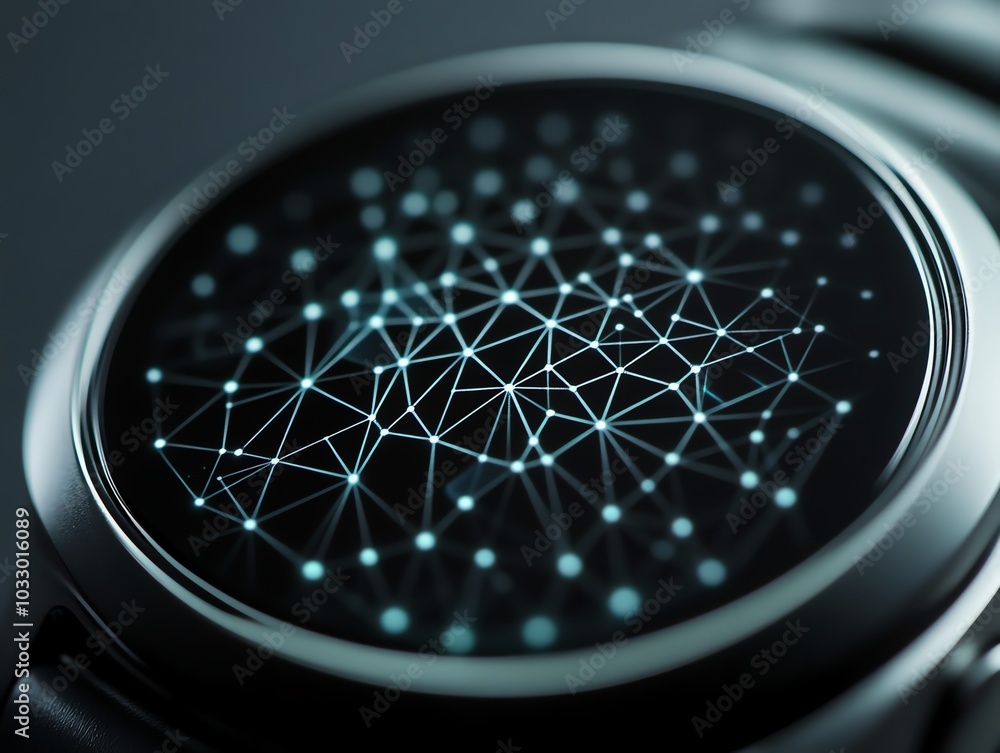 Poster close-up of a smartwatch face displaying a futuristic network design.
