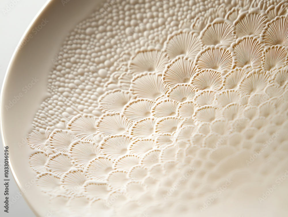 Poster close-up of a white ceramic plate with an intricate, embossed design of circles and fan shapes.