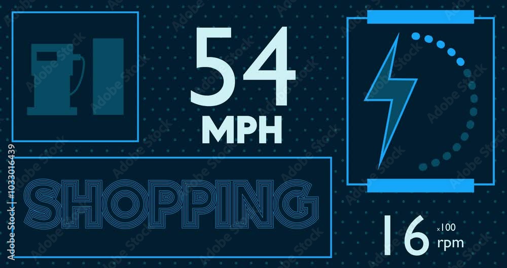 Poster futuristic car dashboard with shopping text. digital graphical user interface animation.